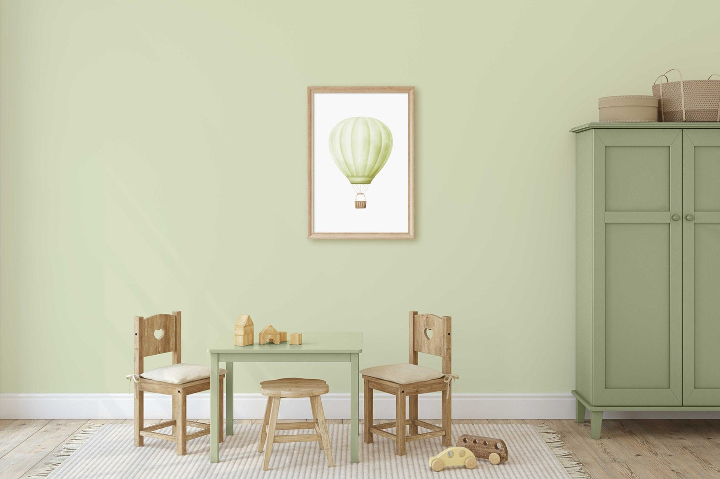 Mint Green Hot Air Balloon Print, Watercolor Nursery Decor, Vintage Wall Art - WildfieldPrints