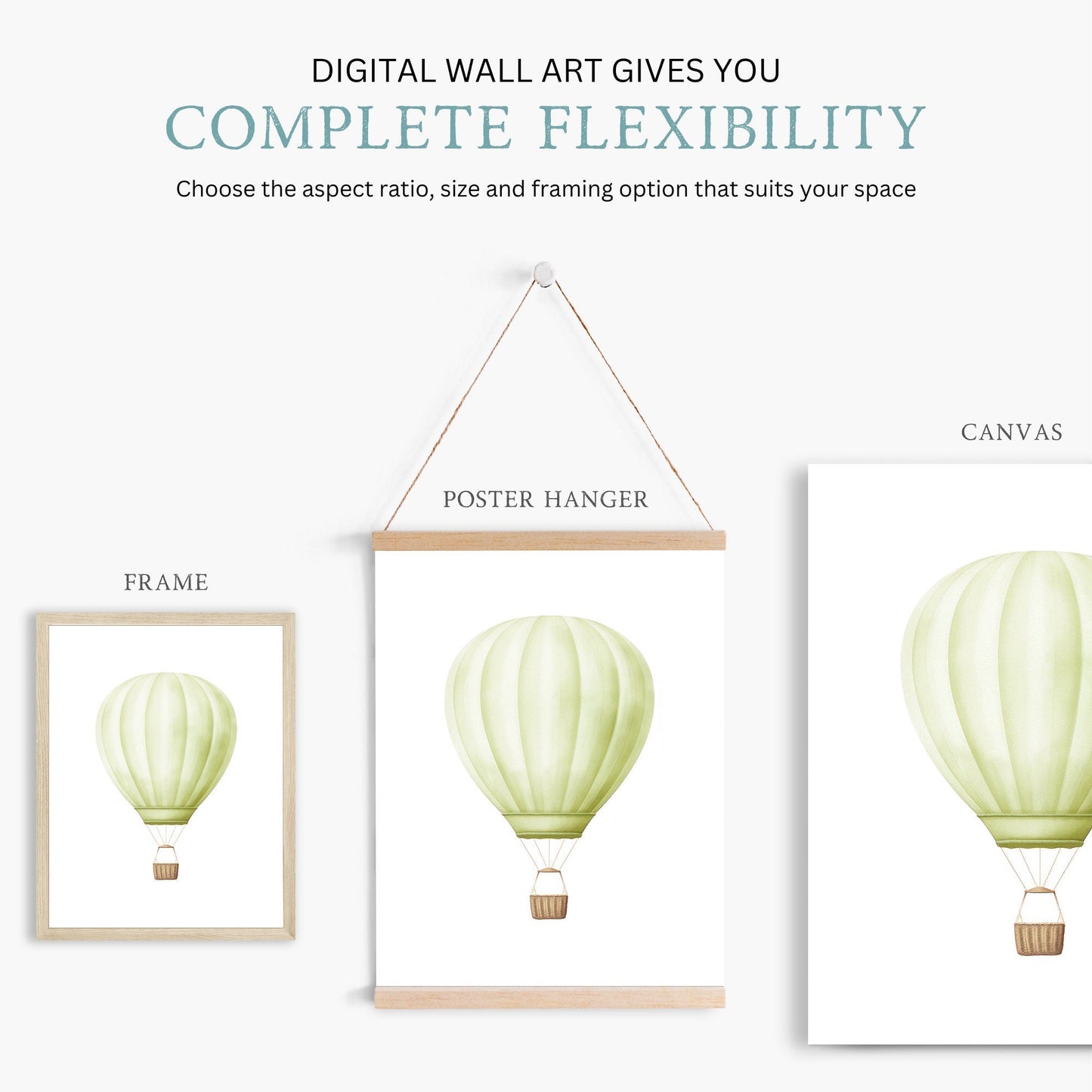 Mint Green Hot Air Balloon Print, Watercolor Nursery Decor, Vintage Wall Art - WildfieldPrints