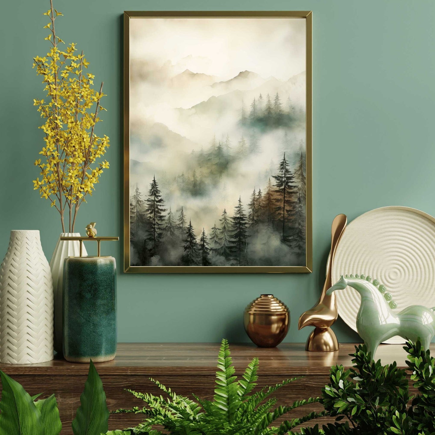 Misty Forest Print, Watercolor Landscape Decor, Nature Wall Art - WildfieldPrints