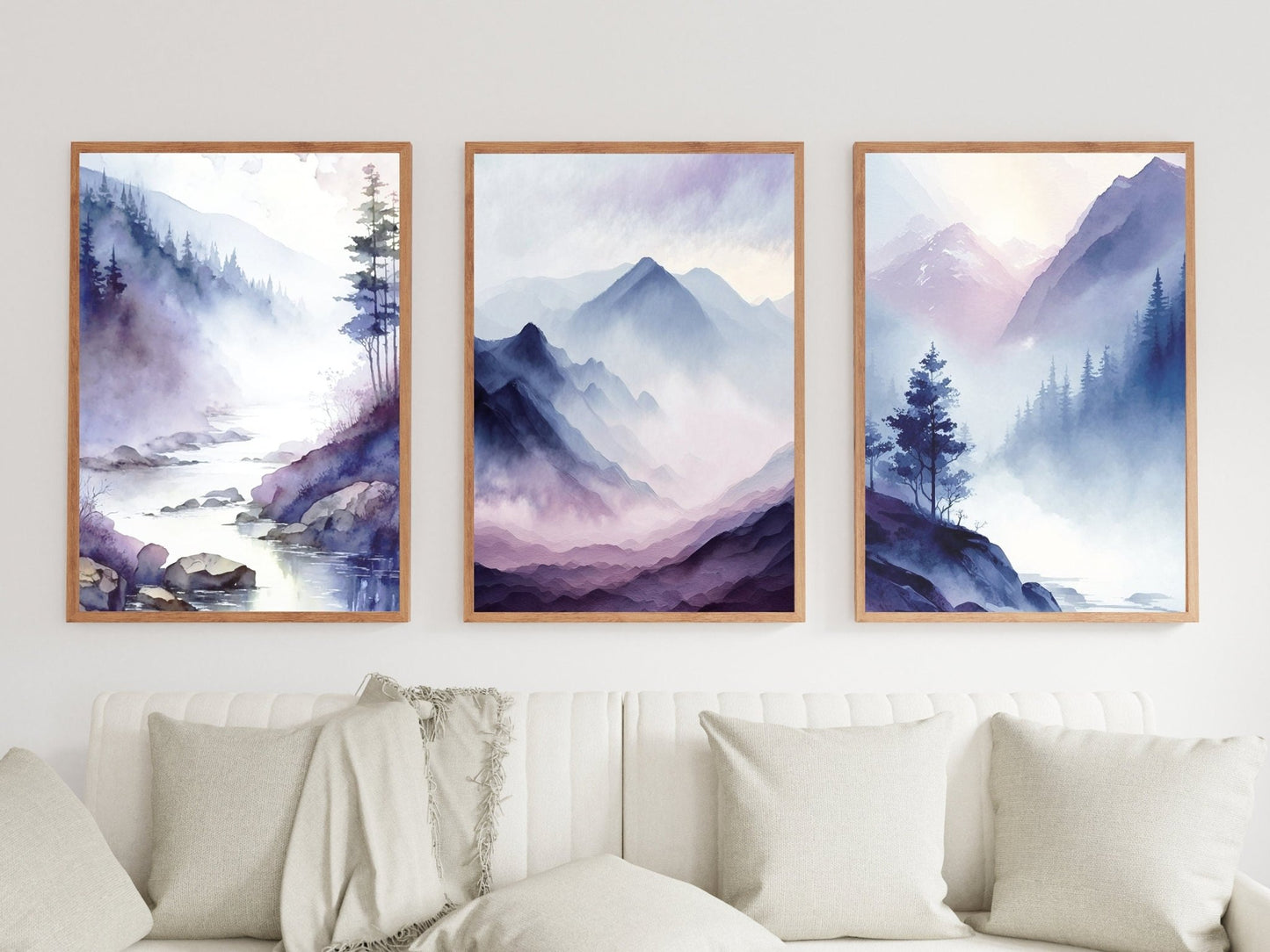 Misty Mountains Watercolor Landscape Prints, Nature Wall Decor, River Art - WildfieldPrints