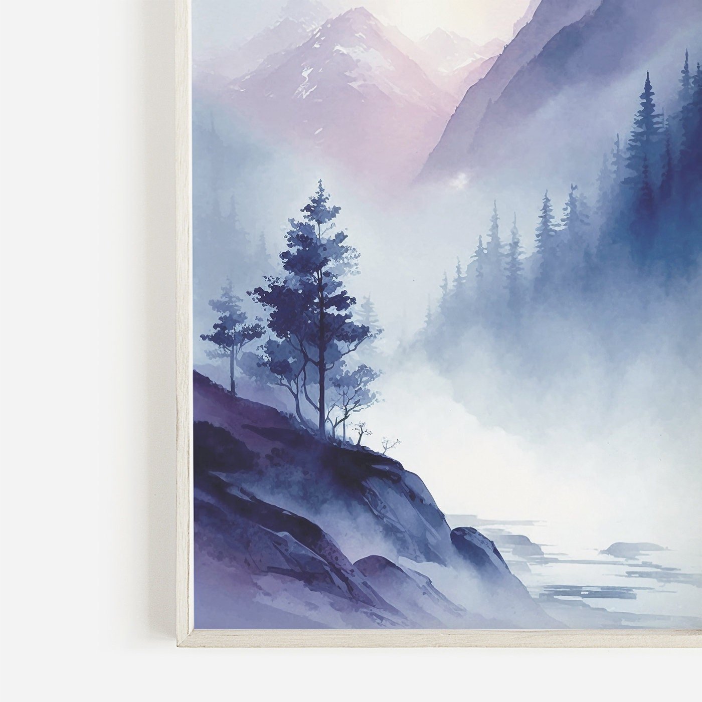 Misty Mountains Watercolor Landscape Prints, Nature Wall Decor, River Art - WildfieldPrints