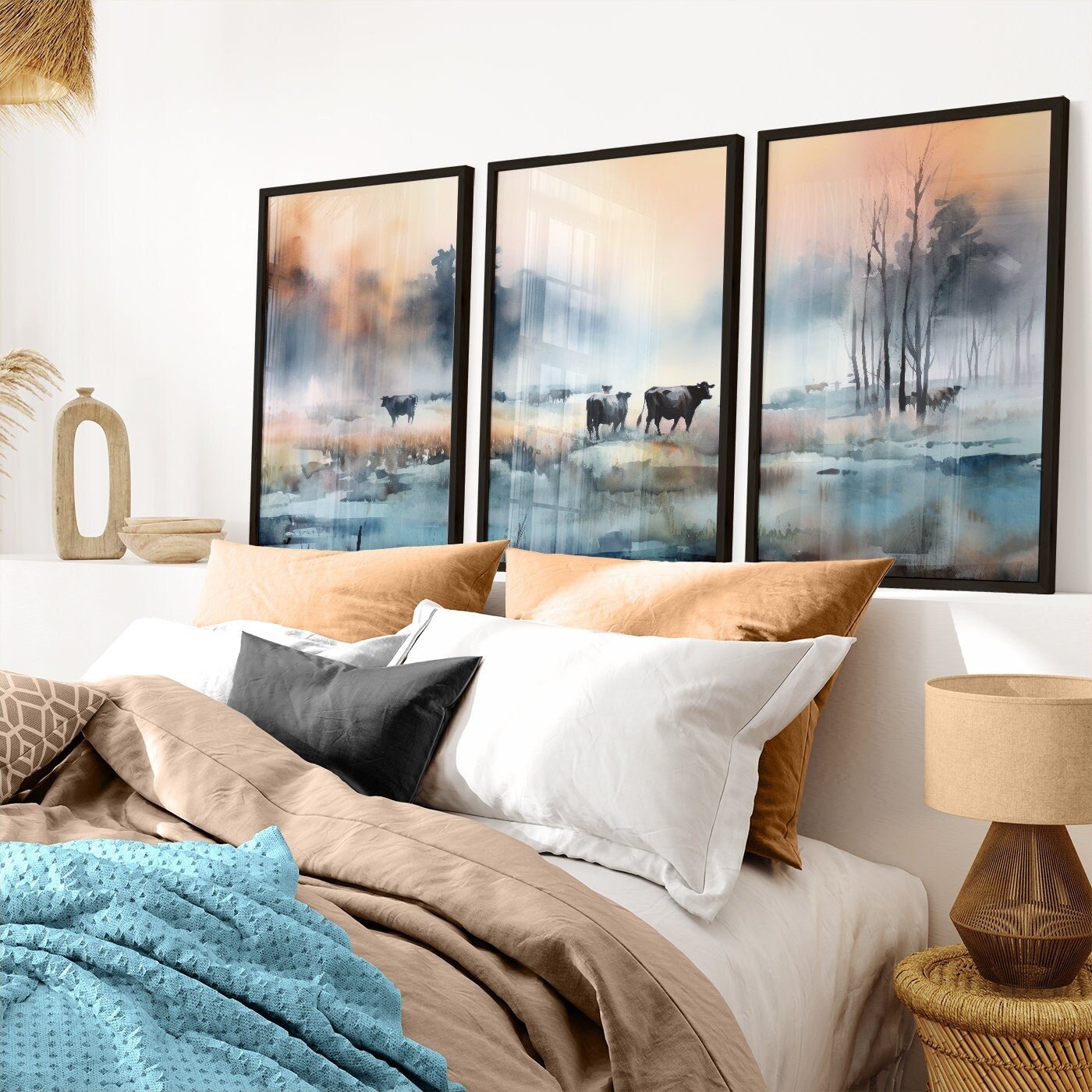 Misty Sunset Grazing Cows Watercolor, Farm Landscape Wall Decor - WildfieldPrints