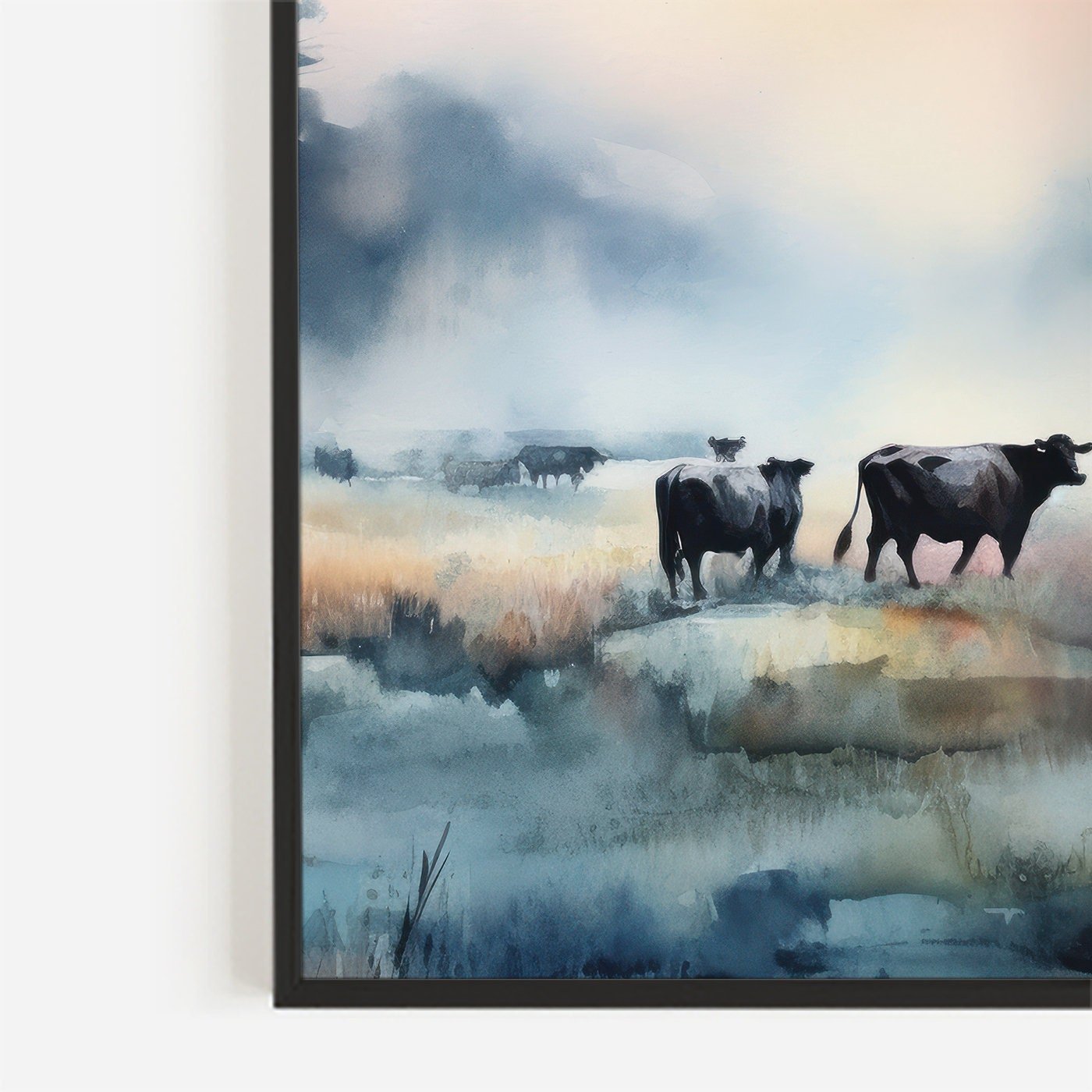 Misty Sunset Grazing Cows Watercolor, Farm Landscape Wall Decor - WildfieldPrints