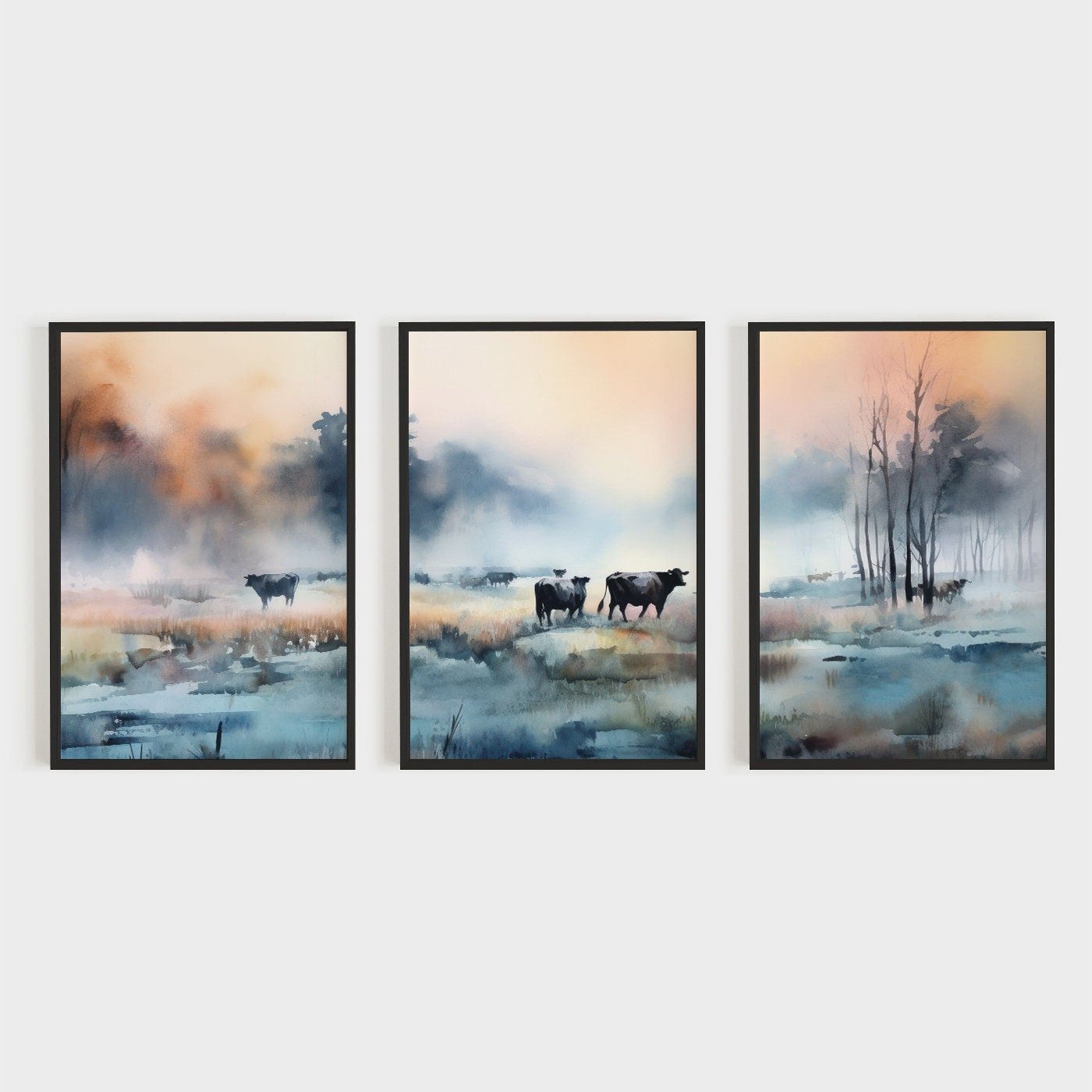 Misty Sunset Grazing Cows Watercolor, Farm Landscape Wall Decor - WildfieldPrints