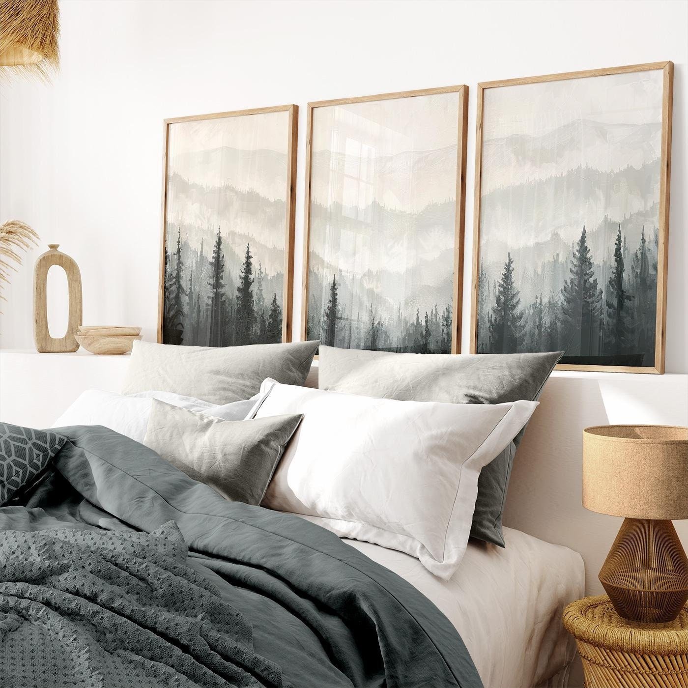 Monochrome Forest Triptych, Black & White Painting, Living Room Decor - WildfieldPrints
