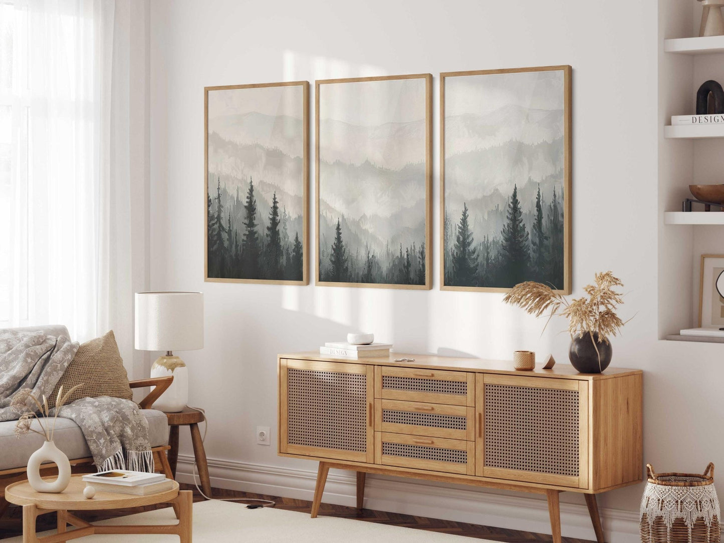 Monochrome Forest Triptych, Black & White Painting, Living Room Decor - WildfieldPrints