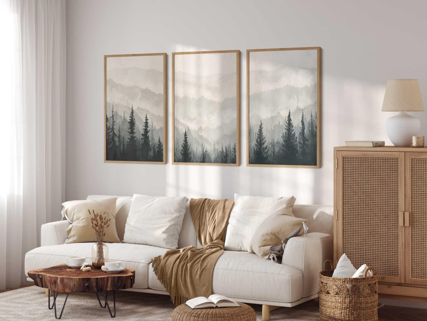 Monochrome Forest Triptych, Black & White Painting, Living Room Decor - WildfieldPrints