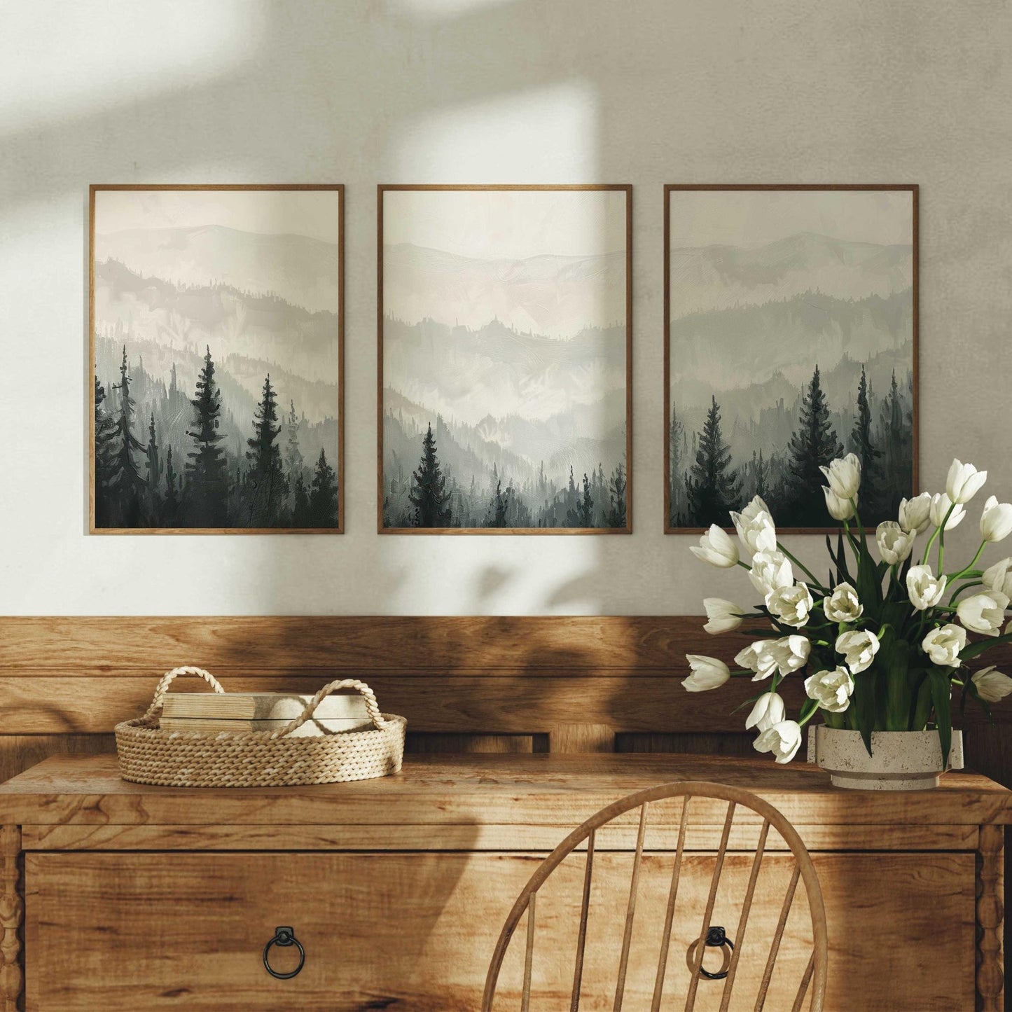 Monochrome Forest Triptych, Black & White Painting, Living Room Decor - WildfieldPrints