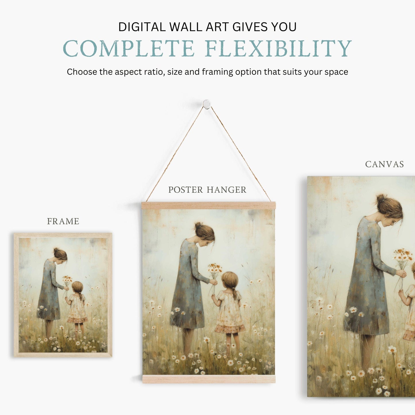 Mother and Daughter Art, Family Picture, Rustic Wildflower Decor - WildfieldPrints
