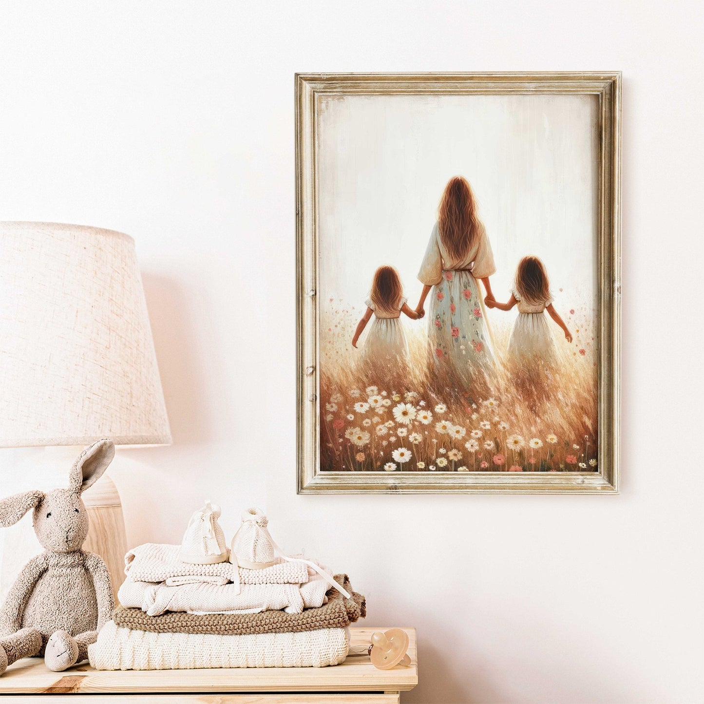 Mother and Daughters Wall Art, Twin Sister Decor, Family Painting - WildfieldPrints