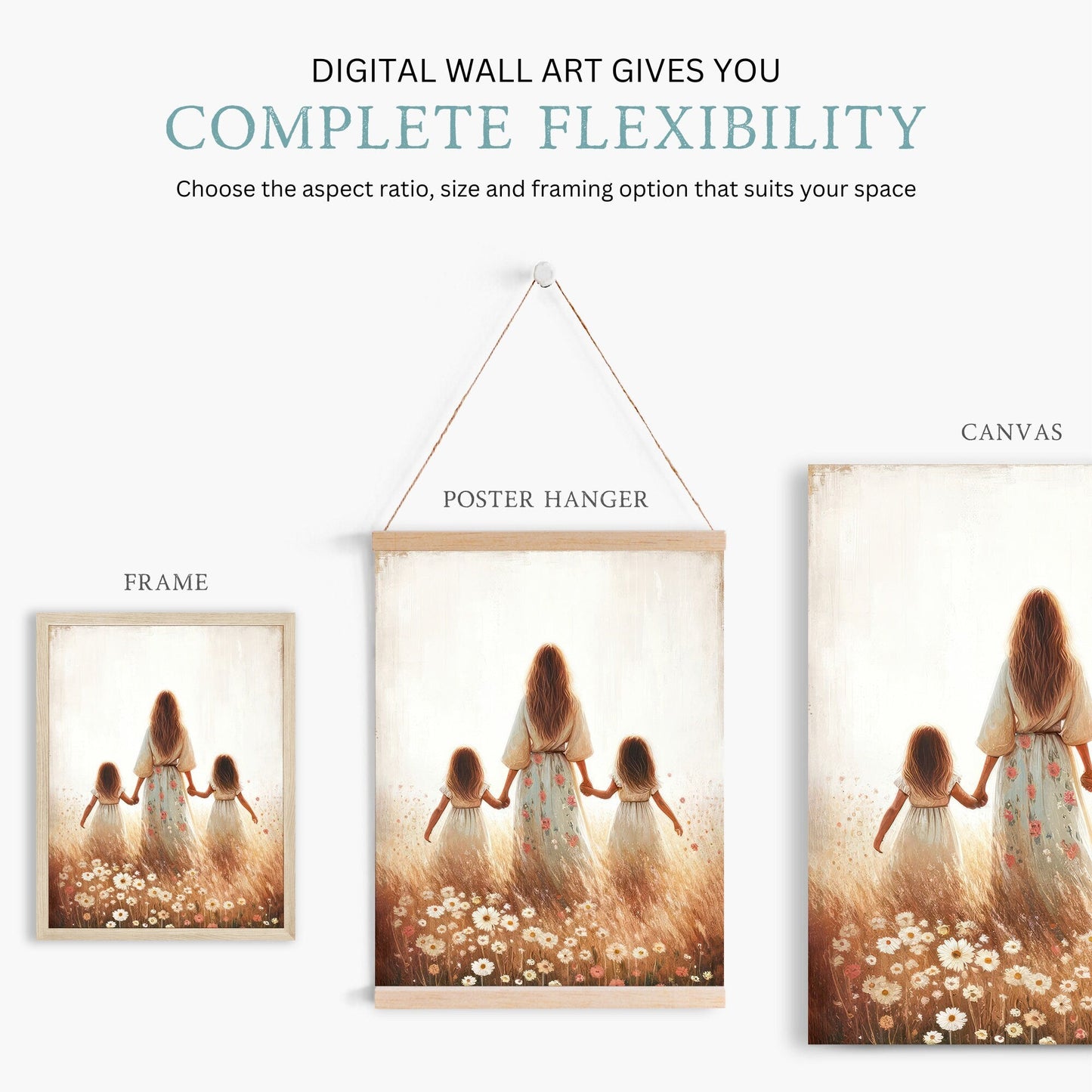 Mother and Daughters Wall Art, Twin Sister Decor, Family Painting - WildfieldPrints