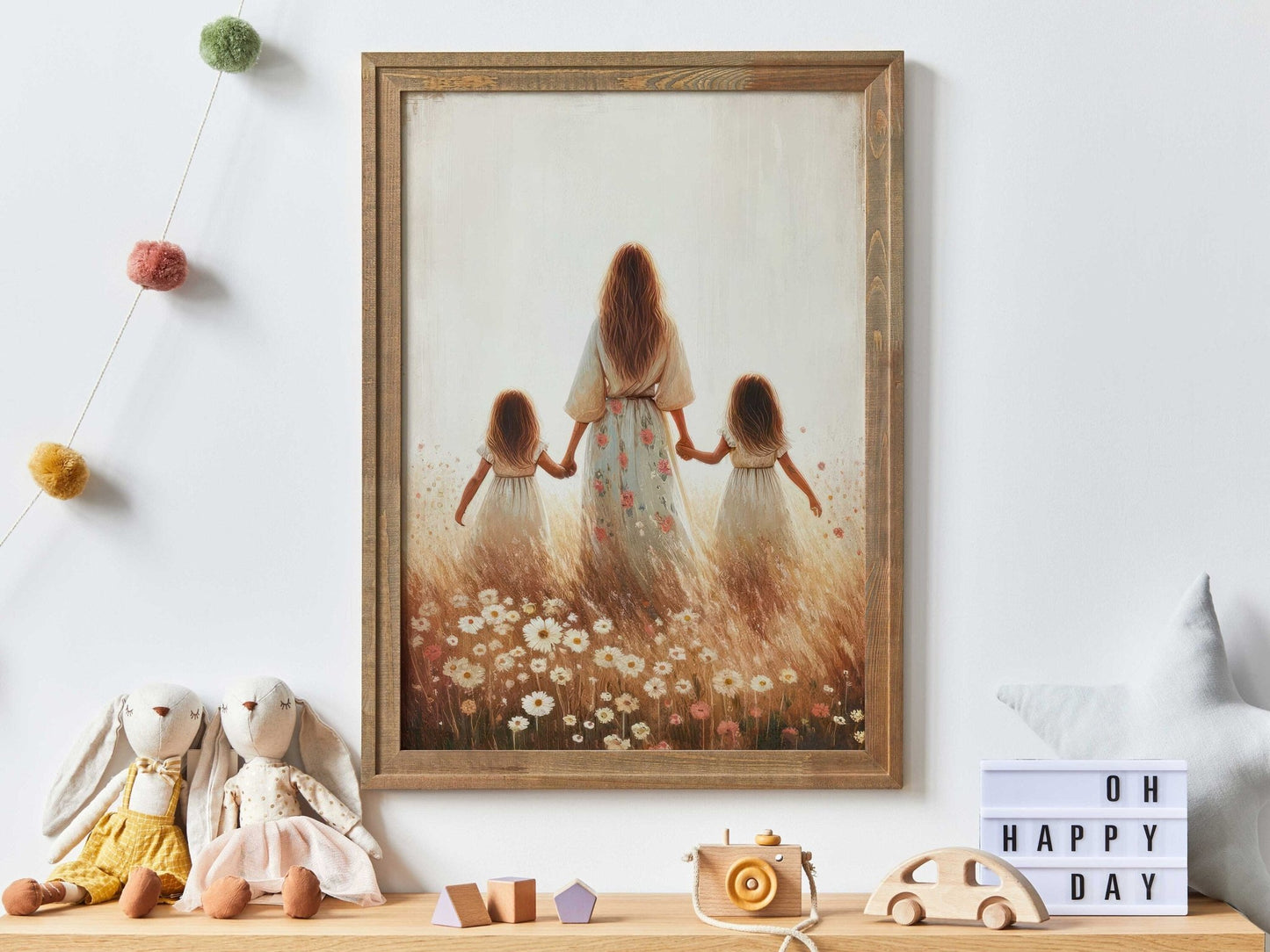 Mother and Daughters Wall Art, Twin Sister Decor, Family Painting - WildfieldPrints