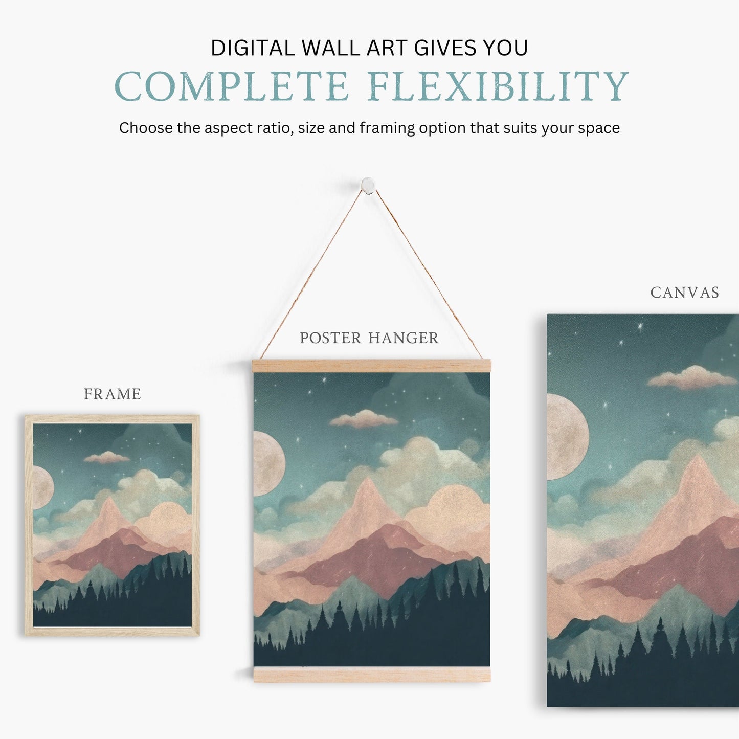 Mountain & Forest Wall Art, Teal and Pink Kids Room Decor, Boho Design - WildfieldPrints