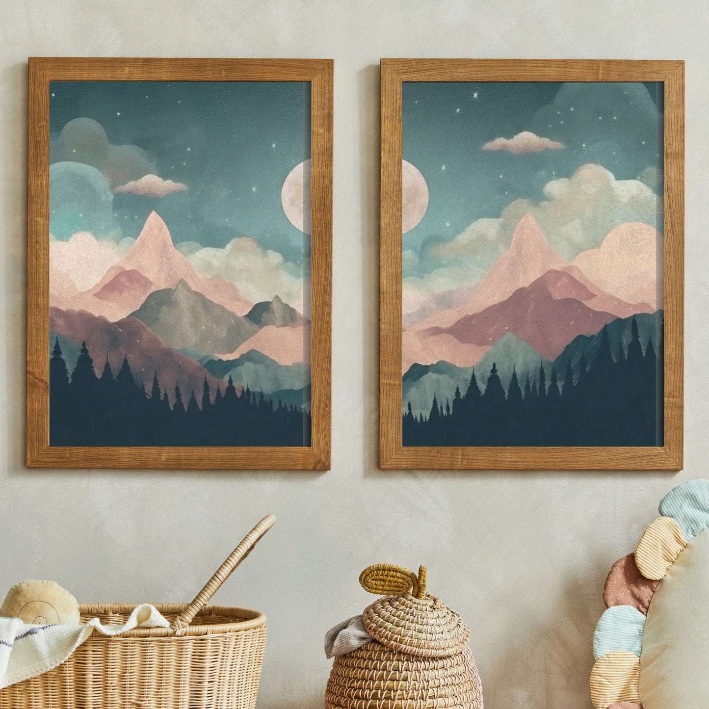 Mountain & Forest Wall Art, Teal and Pink Kids Room Decor, Boho Design - WildfieldPrints