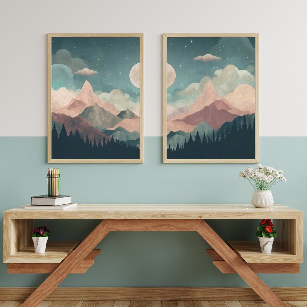 Mountain & Forest Wall Art, Teal and Pink Kids Room Decor, Boho Design - WildfieldPrints