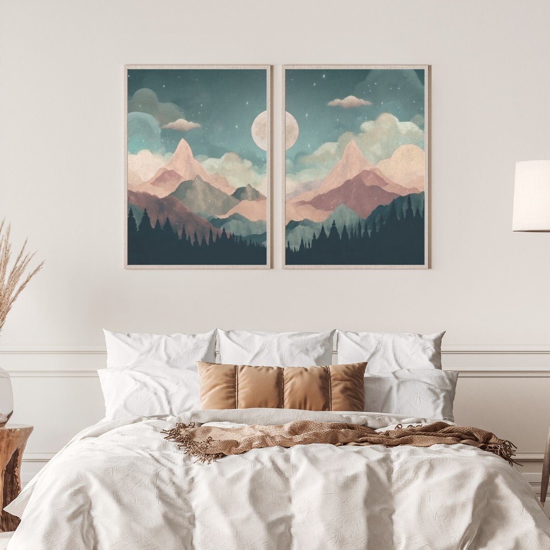 Mountain & Forest Wall Art, Teal and Pink Kids Room Decor, Boho Design - WildfieldPrints