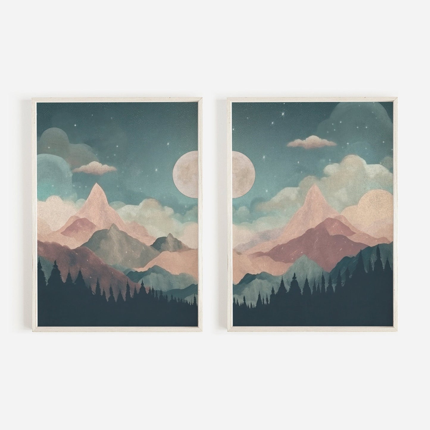 Mountain & Forest Wall Art, Teal and Pink Kids Room Decor, Boho Design - WildfieldPrints