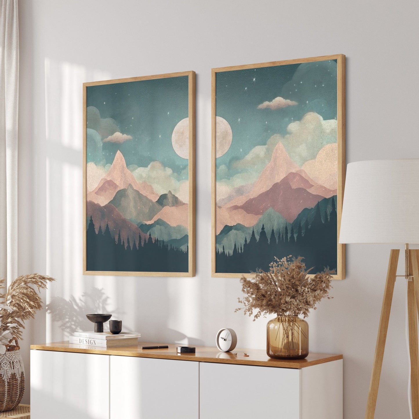 Mountain & Forest Wall Art, Teal and Pink Kids Room Decor, Boho Design - WildfieldPrints