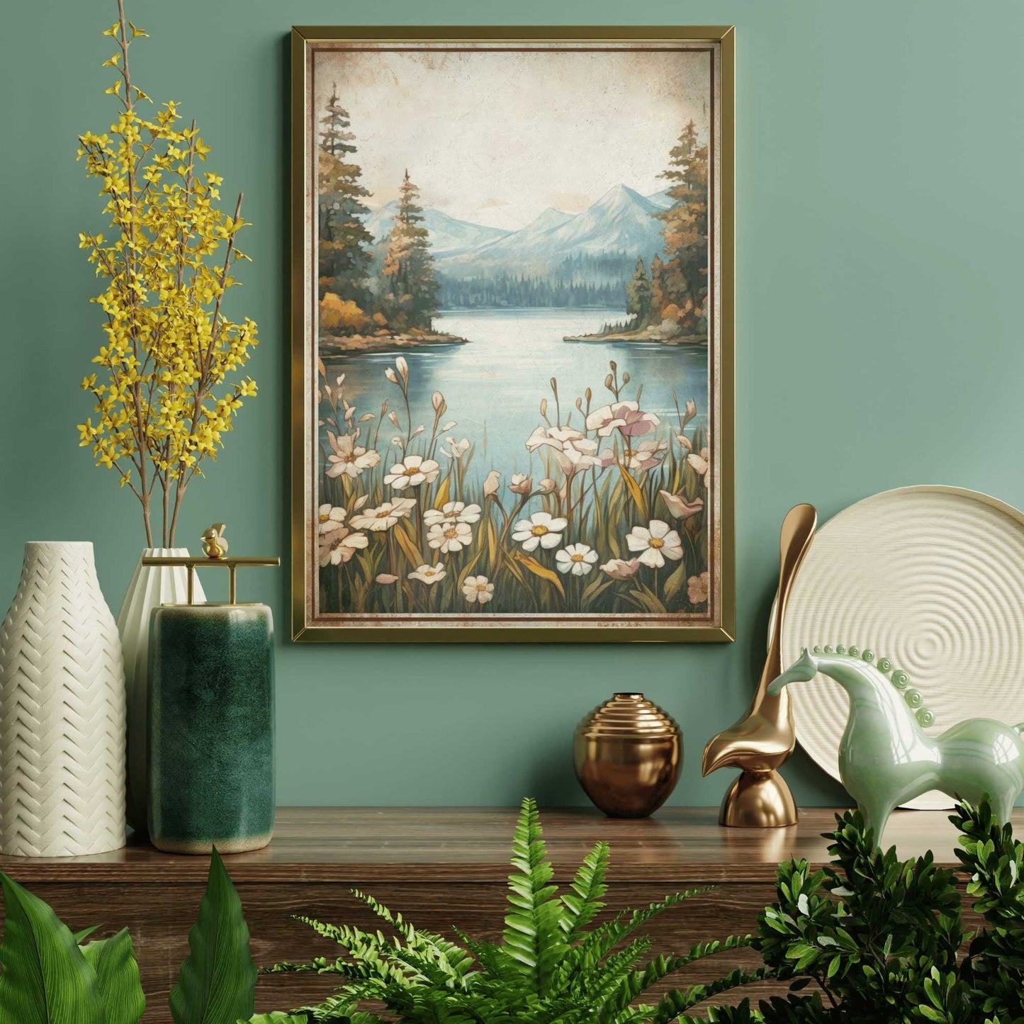 Mountain Landscape Art Print, Forest and Lake Painting, Outdoors Decor - WildfieldPrints