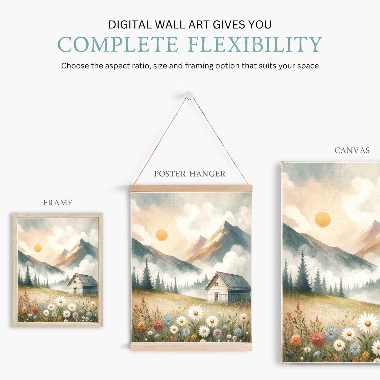Mountain Landscape Wall Art, Whimsical Cabin Decor, Sunset Print - WildfieldPrints