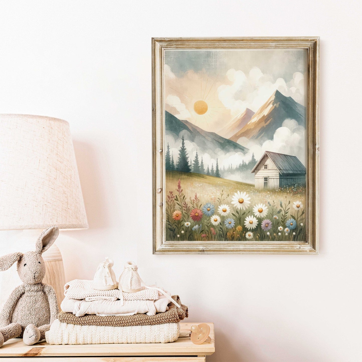 Mountain Landscape Wall Art, Whimsical Cabin Decor, Sunset Print - WildfieldPrints