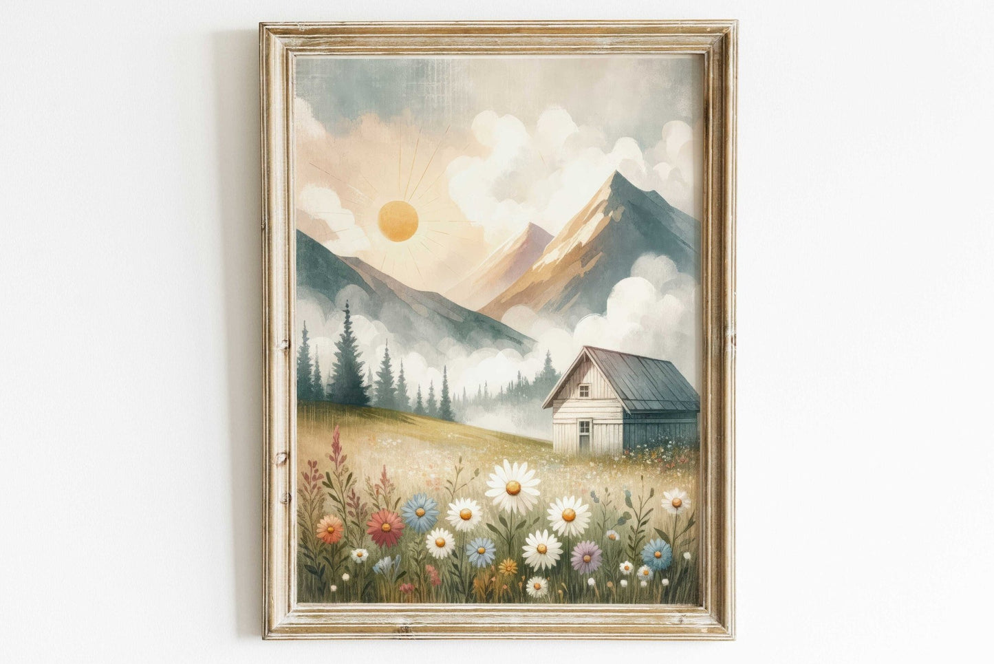 Mountain Landscape Wall Art, Whimsical Cabin Decor, Sunset Print - WildfieldPrints