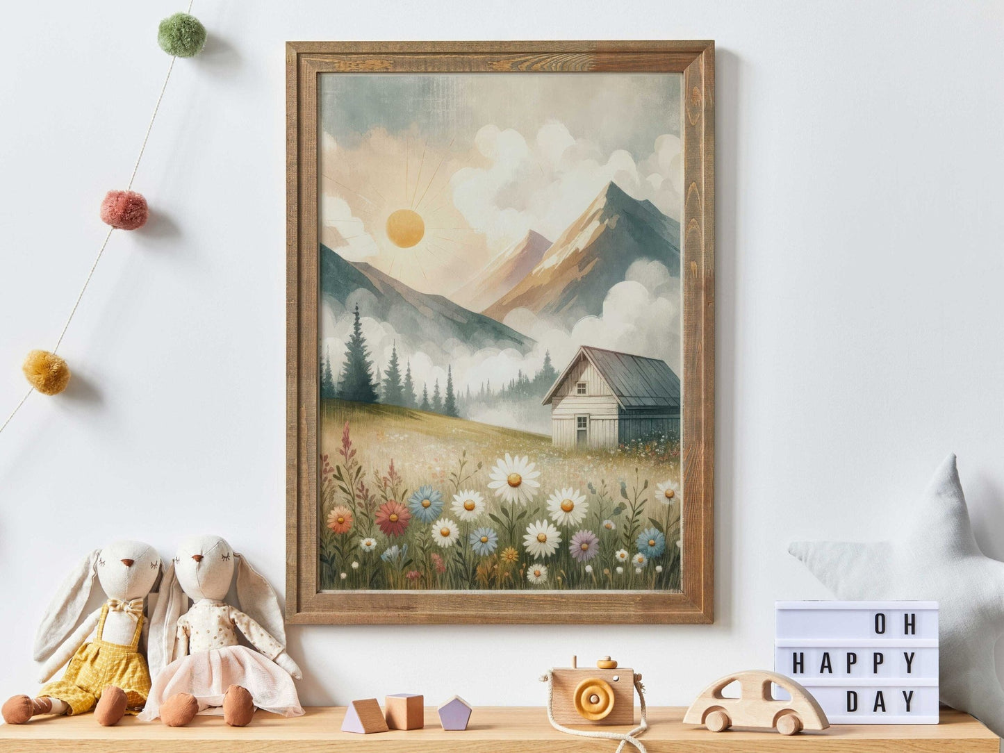 Mountain Landscape Wall Art, Whimsical Cabin Decor, Sunset Print - WildfieldPrints