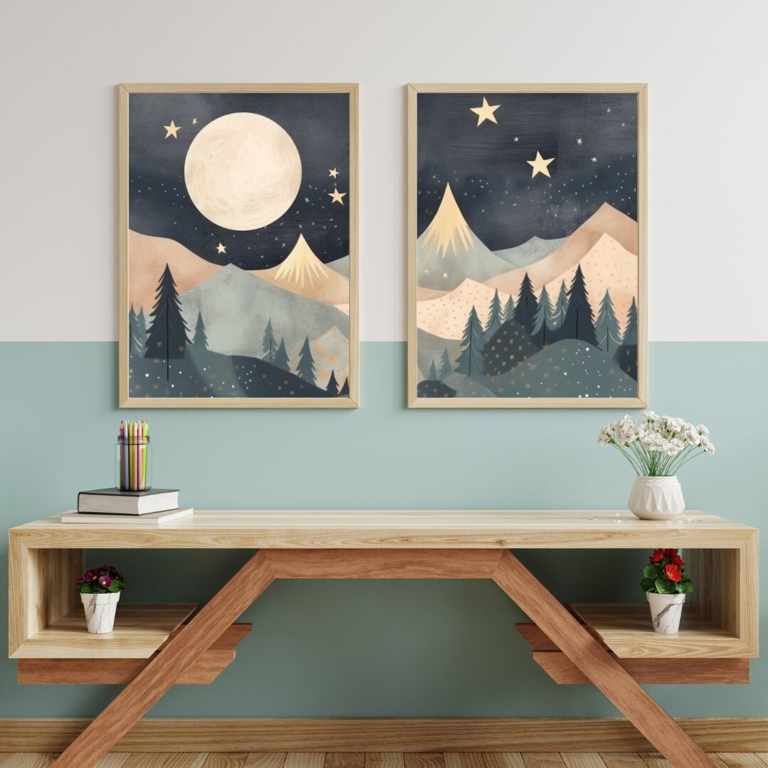 Mountain Nursery Decor, Moon & Stars Kids Room Wall Art, Forest Nature Prints - WildfieldPrints