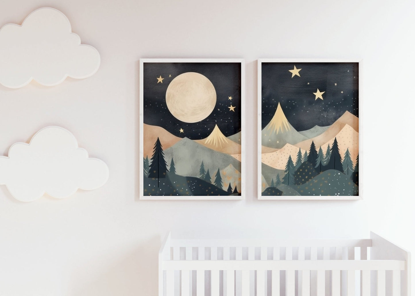 Mountain Nursery Decor, Moon & Stars Kids Room Wall Art, Forest Nature Prints - WildfieldPrints