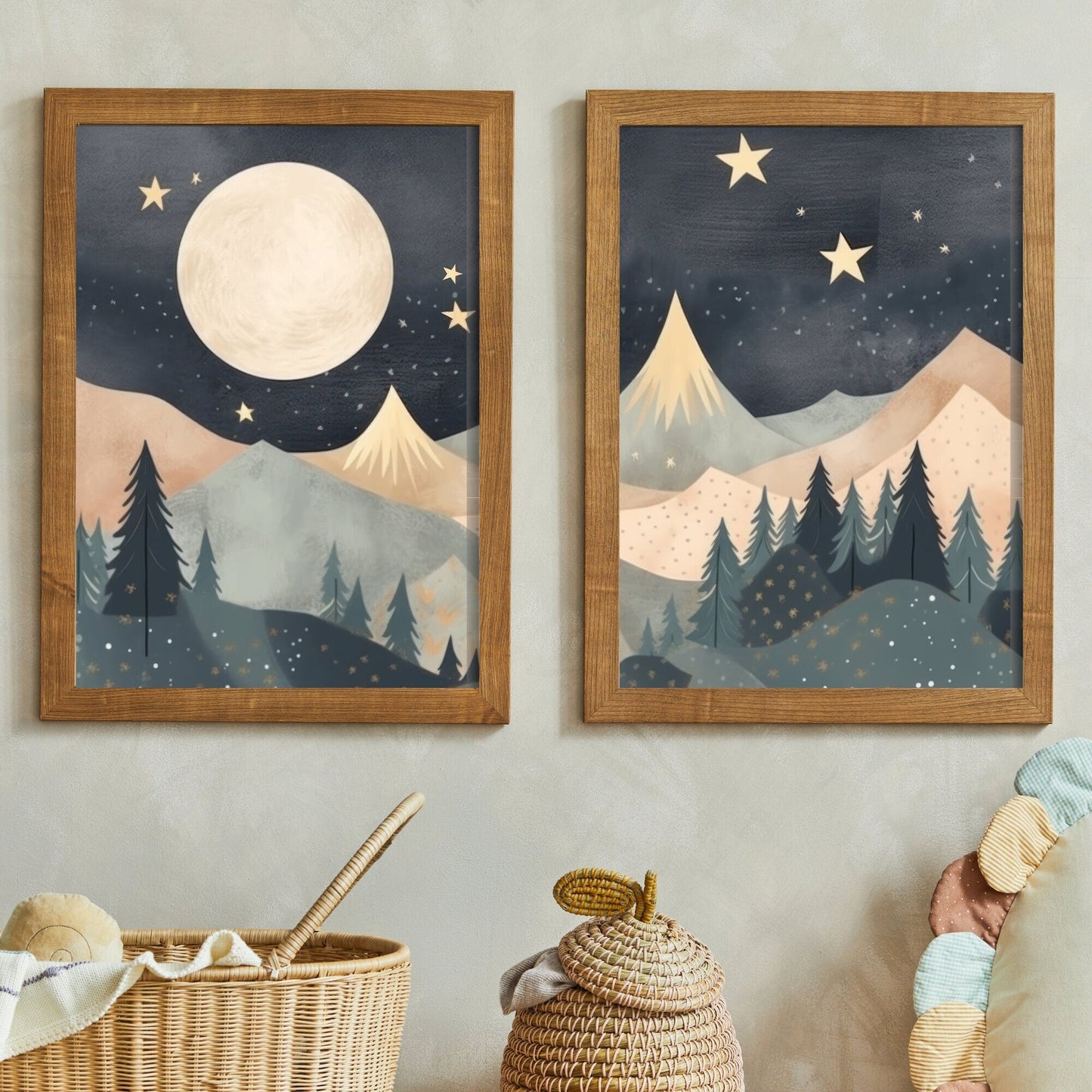 Mountain Nursery Decor, Moon & Stars Kids Room Wall Art, Forest Nature Prints - WildfieldPrints