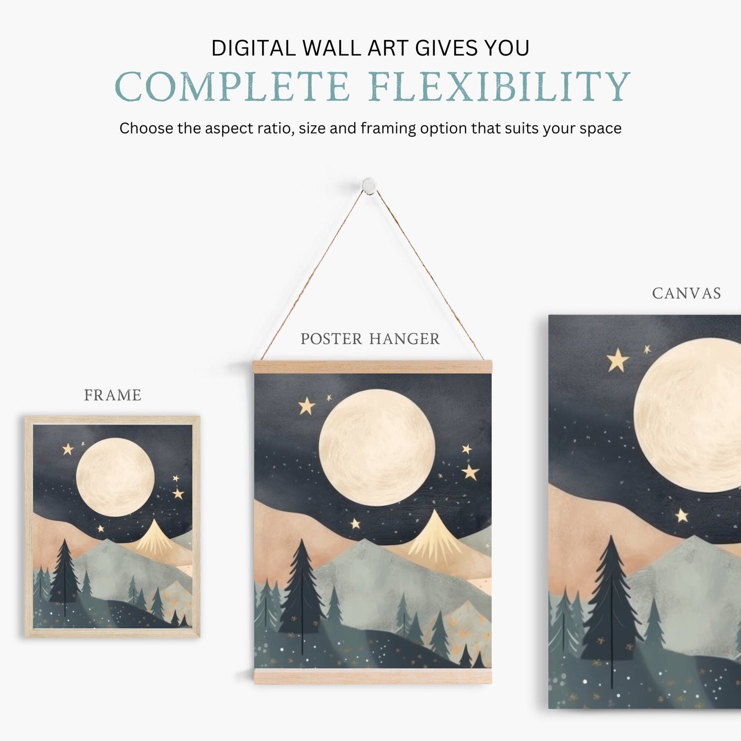 Mountain Nursery Decor, Moon & Stars Kids Room Wall Art, Forest Nature Prints - WildfieldPrints