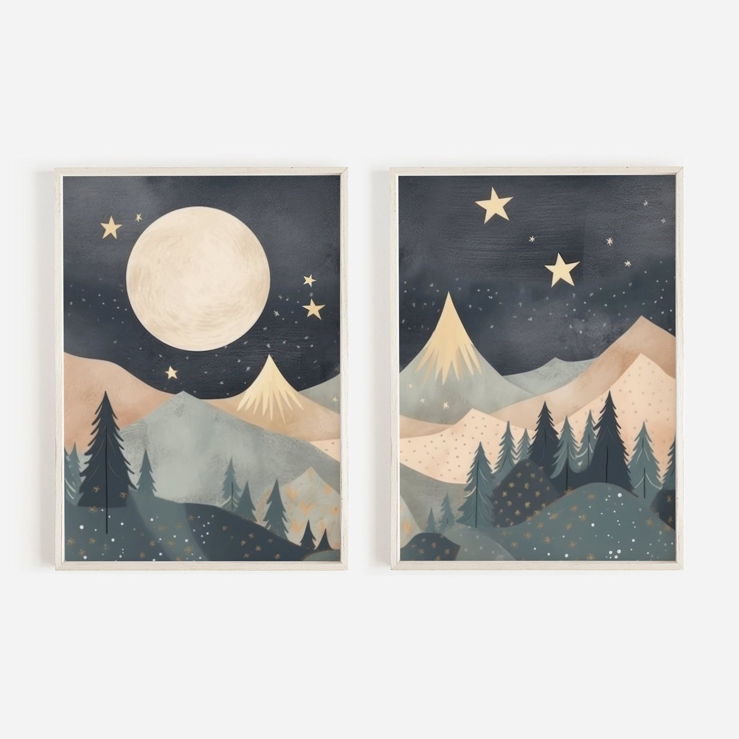 Mountain Nursery Decor, Moon & Stars Kids Room Wall Art, Forest Nature Prints - WildfieldPrints