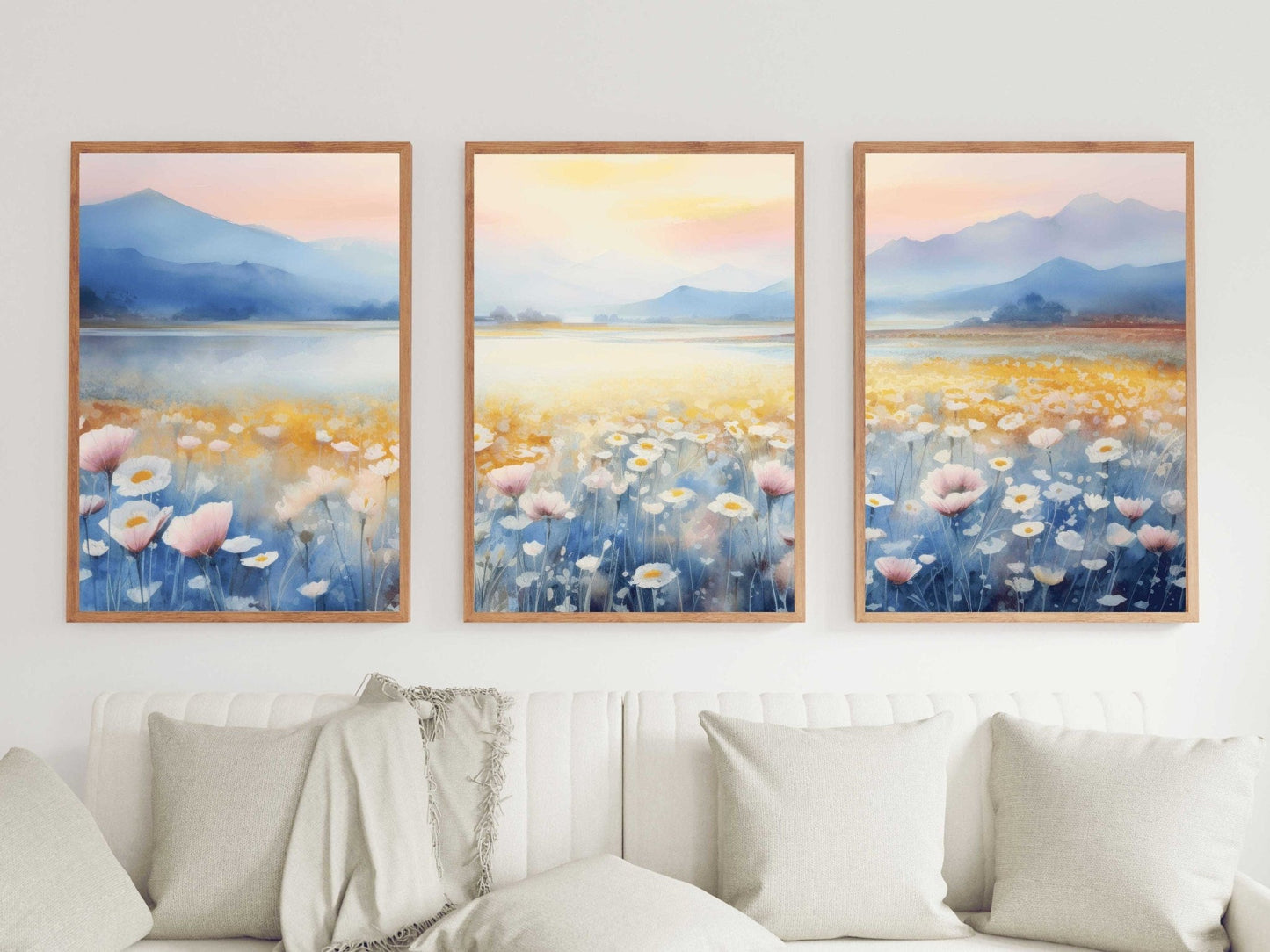 Mountains & Wildflower Meadow Prints, Sunset Wall Decor, Watercolor Art - WildfieldPrints
