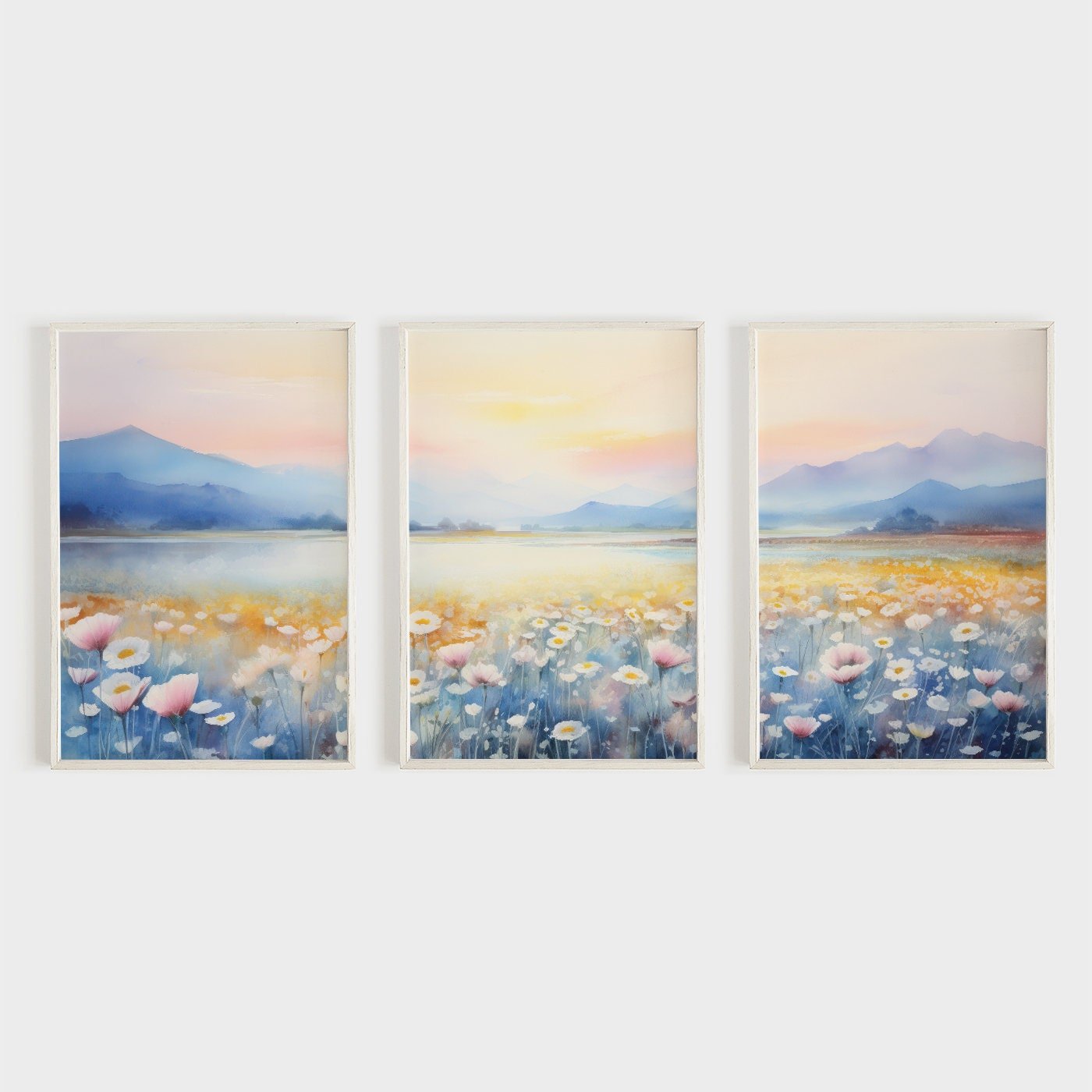 Mountains & Wildflower Meadow Prints, Sunset Wall Decor, Watercolor Art - WildfieldPrints