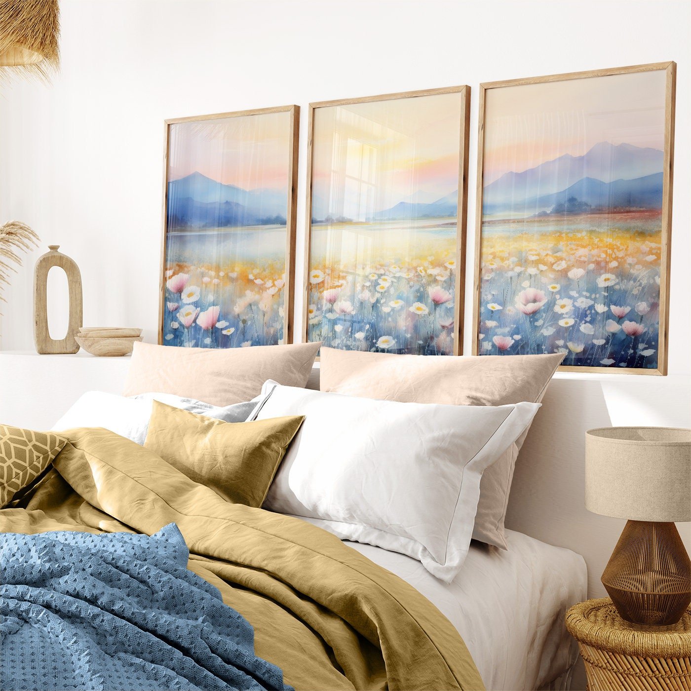 Mountains & Wildflower Meadow Prints, Sunset Wall Decor, Watercolor Art - WildfieldPrints