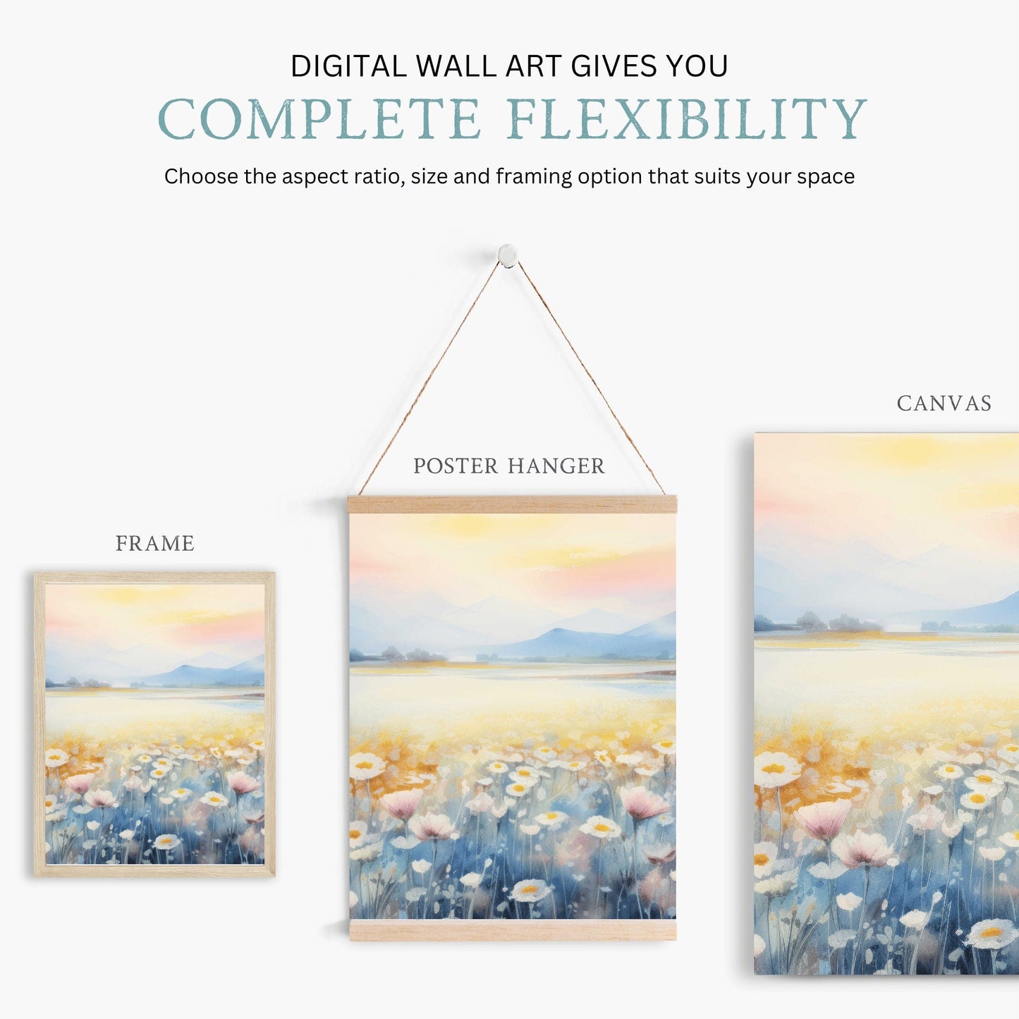 Mountains & Wildflower Meadow Prints, Sunset Wall Decor, Watercolor Art - WildfieldPrints