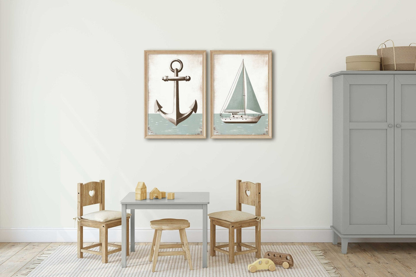 Nautical Anchor & Sailboat Prints, Ocean Theme Nursery Decor, Light Sage Green - WildfieldPrints
