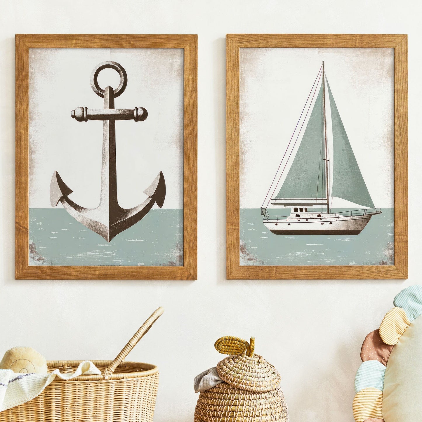 Nautical Anchor & Sailboat Prints, Ocean Theme Nursery Decor, Light Sage Green - WildfieldPrints