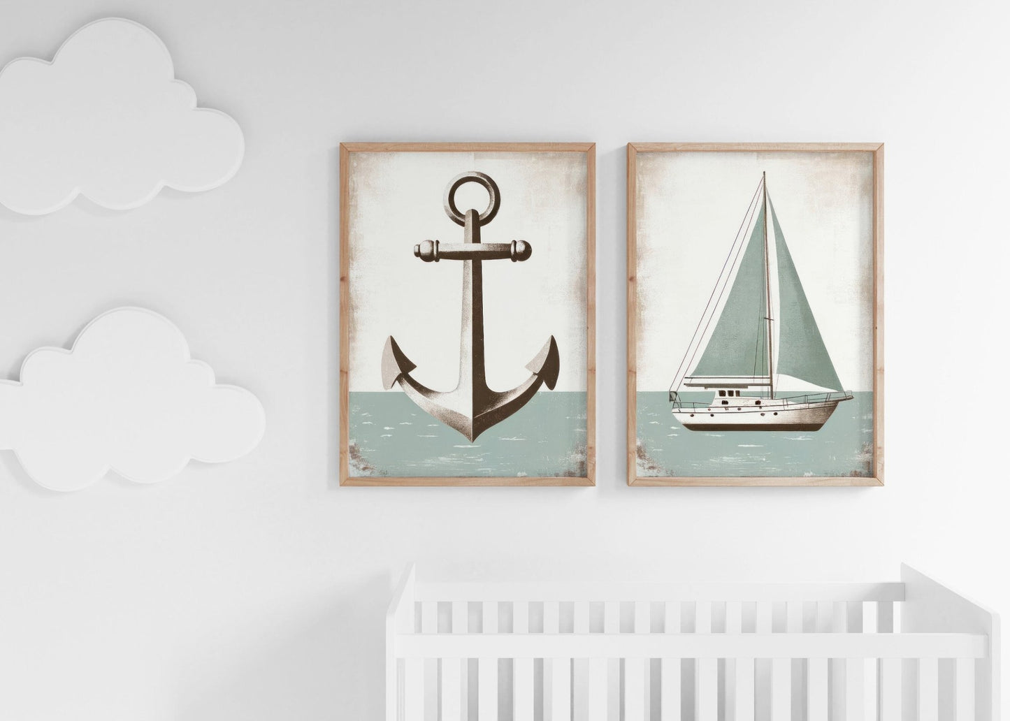 Nautical Anchor & Sailboat Prints, Ocean Theme Nursery Decor, Light Sage Green - WildfieldPrints