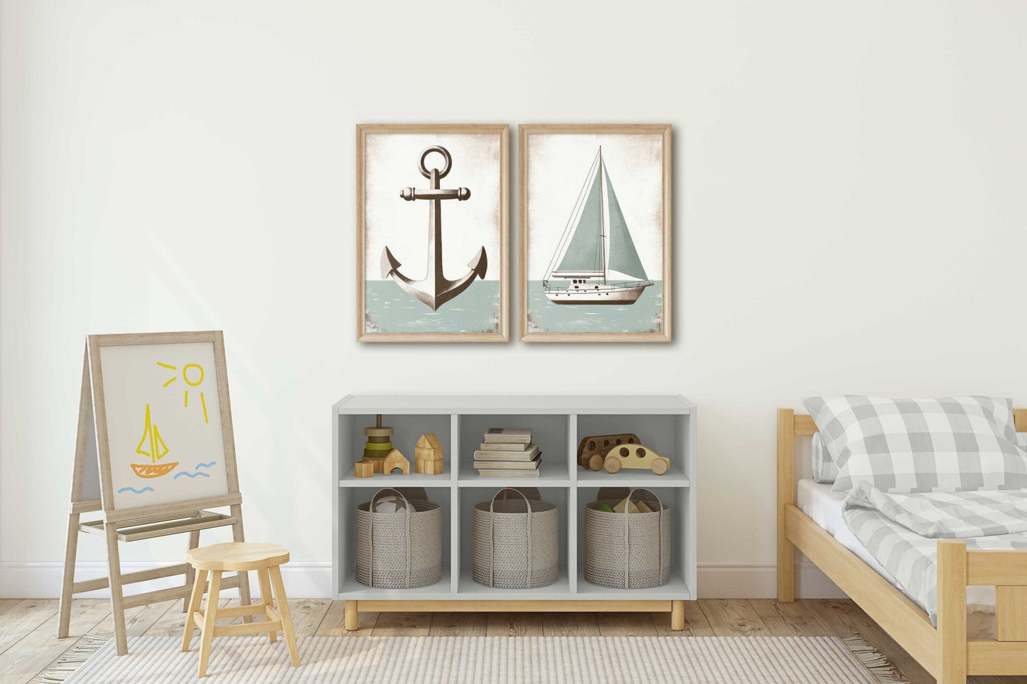 Nautical Anchor & Sailboat Prints, Ocean Theme Nursery Decor, Light Sage Green - WildfieldPrints
