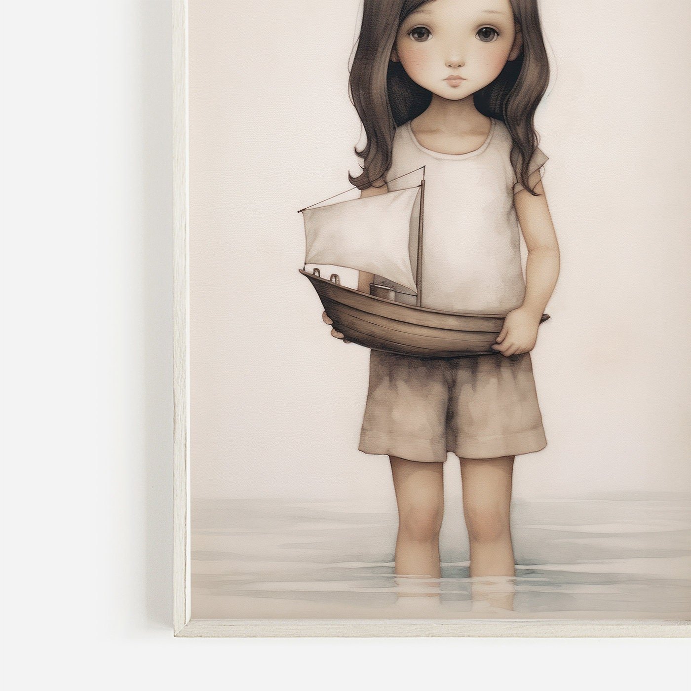 Nautical Vintage Nursery Wall Art, Girl with Toy Sailboat Print, Beige & Brown Decor - WildfieldPrints