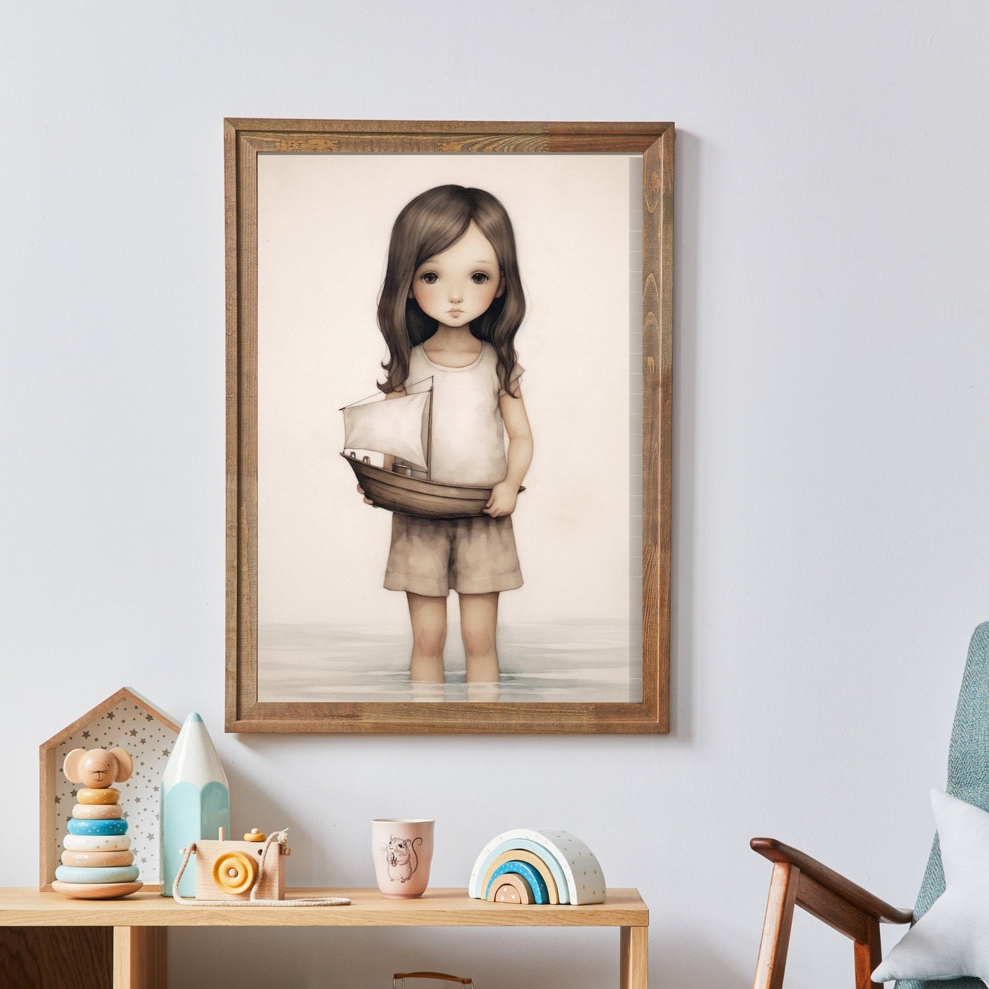 Nautical Vintage Nursery Wall Art, Girl with Toy Sailboat Print, Beige & Brown Decor - WildfieldPrints