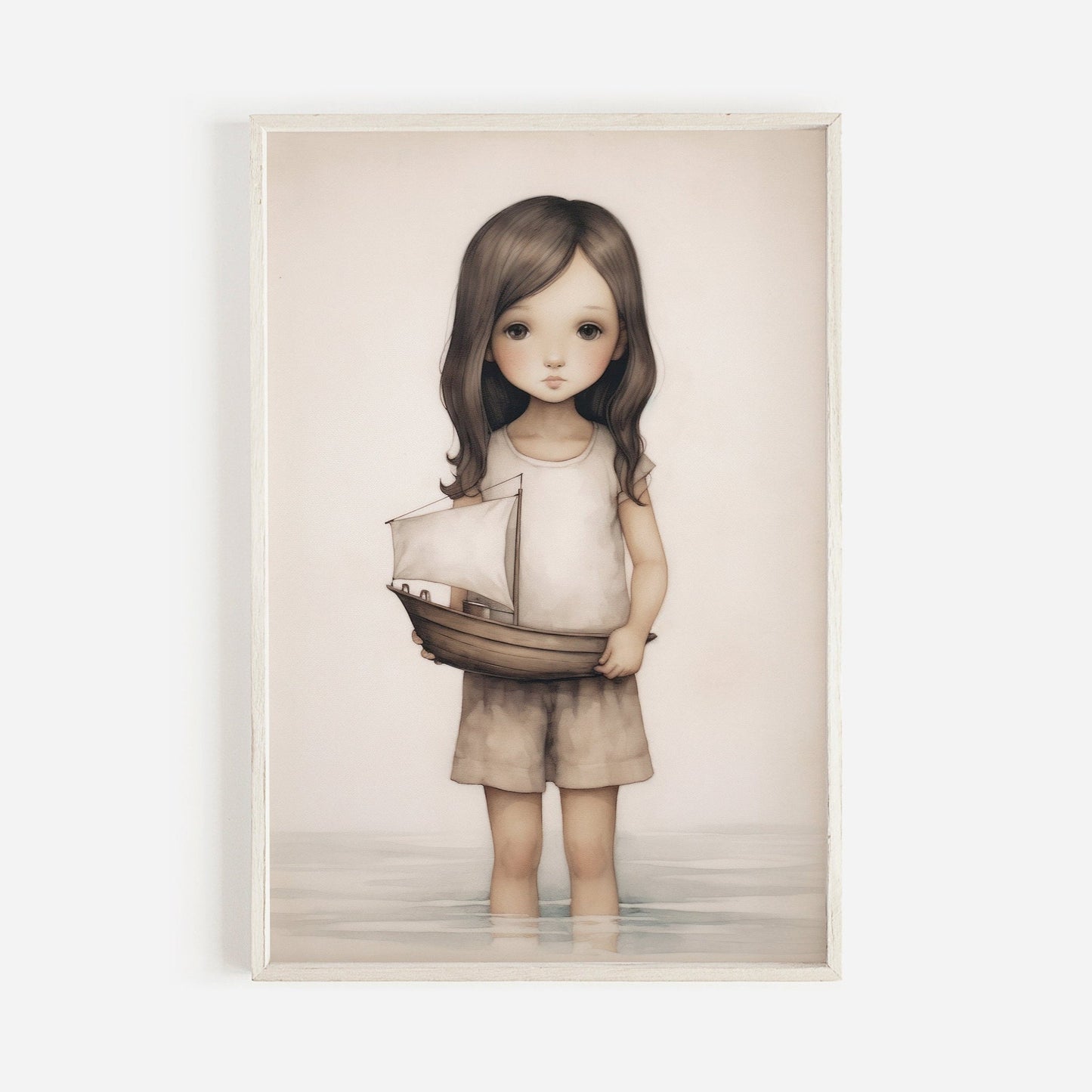 Nautical Vintage Nursery Wall Art, Girl with Toy Sailboat Print, Beige & Brown Decor - WildfieldPrints