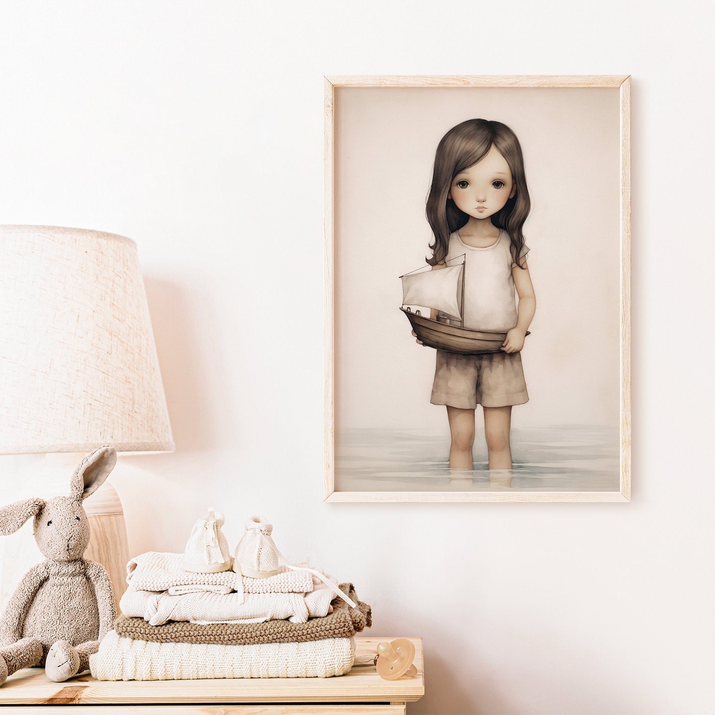 Nautical Vintage Nursery Wall Art, Girl with Toy Sailboat Print, Beige & Brown Decor - WildfieldPrints