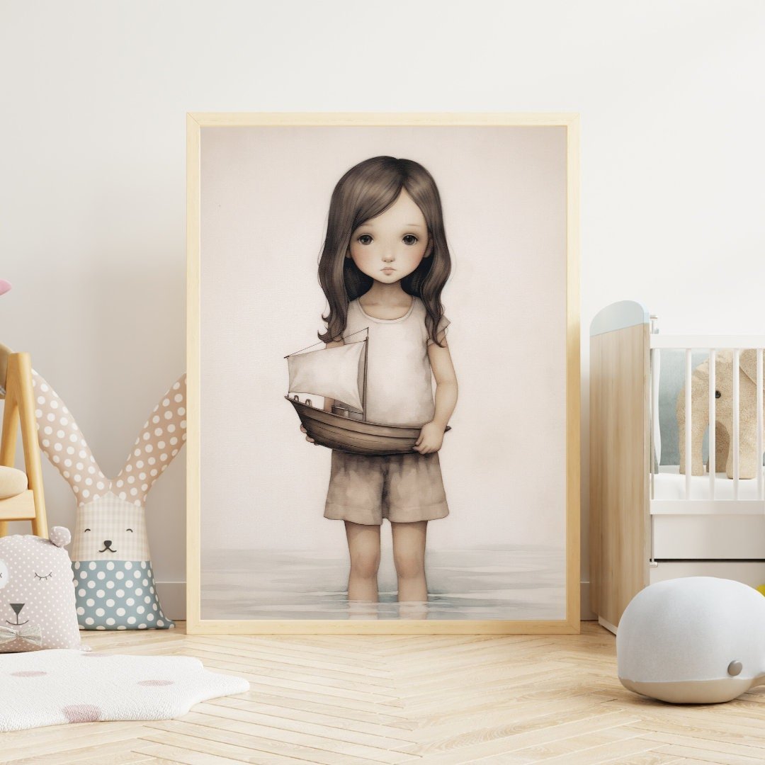 Nautical Vintage Nursery Wall Art, Girl with Toy Sailboat Print, Beige & Brown Decor - WildfieldPrints