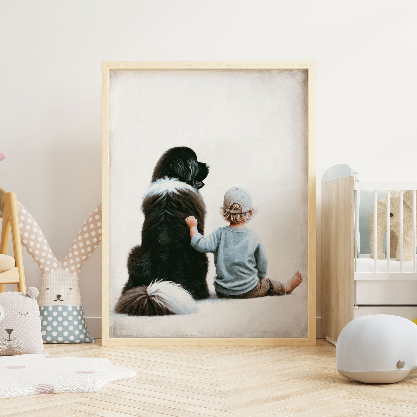 Newfoundland Dog Nursery Print, Boy & Dog Wall Art, Kids Room Decor - WildfieldPrints