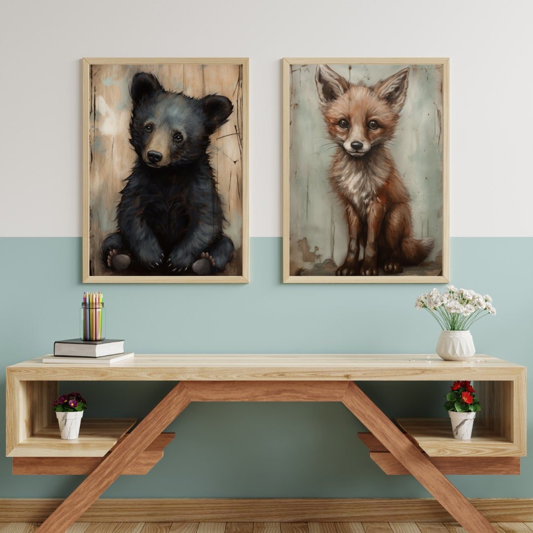 Nursery Animal Prints, Unique Vintage Kids Room Decor, Rustic Wildlife Theme - WildfieldPrints