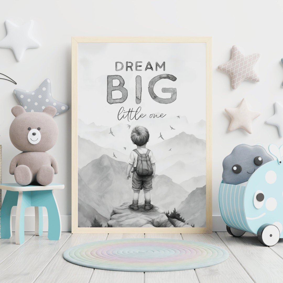 Nursery Quote Art, Dream Big Little One, Boys Adventure Decor, Vintage Wall Decor - WildfieldPrints