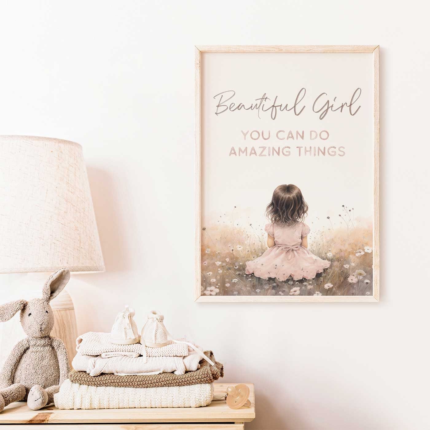 Nursery Quote Wall Art, Beautiful Girl You Can Do Amazing Things, Pink Watercolor Decor - WildfieldPrints