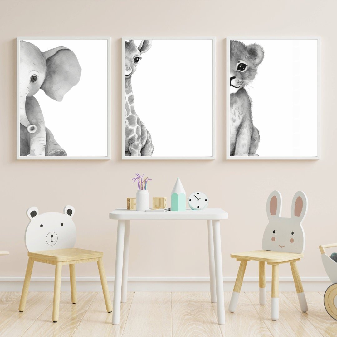 Nursery Safari Animal Wall Art, Black & White Baby Room Decor - WildfieldPrints